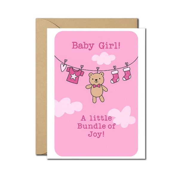 Baby Girl Congratulations Greeting Card - A Little Bundle of Joy Cute Teddy Bear & Clothesline Design, Blank Inside, Includes Envelope - Perfect for New Parents & Baby Showers
