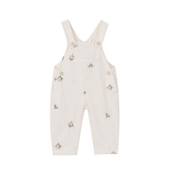 Baby Girl Corduroy Overall with Floral Embroidery, Beige, Spring & Fall, 6-9M to 2-3Y