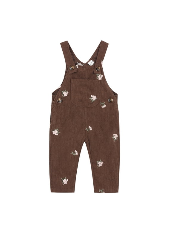 Baby Girl Corduroy Overalls with Flower Embroidery,Brown,6M–3T