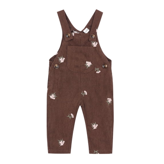 Baby Girl Corduroy Overalls with Flower Embroidery,Brown,6M–3T