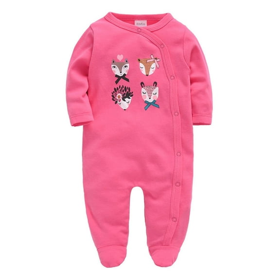 Baby Girl Cotton Bodysuits Round Neck Long Sleeve Cute Print Footed Warm Jumpsuit Romper Clothes for Infant Pink 0 Months