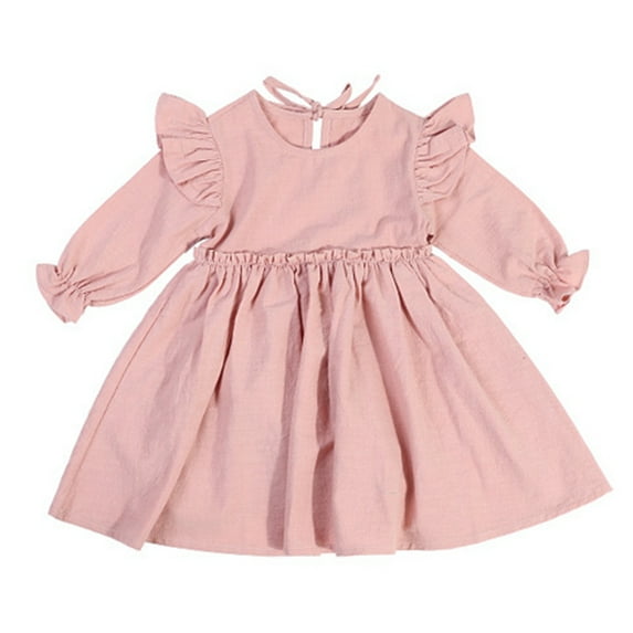 Baby Girl Cotton Linen Dress Long Sleeve Solid Color Casual Spring Fall Dresses,1-6Y