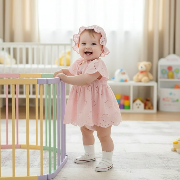 Charming Baby Girl Pink Cotton Romper Dress with Matching Hat