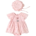 thumbnail image 1 of Charming Baby Girl Pink Cotton Romper Dress with Matching Hat, 1 of 10