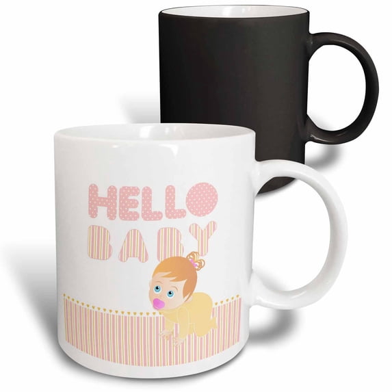 3drose, Baby Girl Crawling and Hello Baby Message on Pink and Yellow Stripes with Polkadots, 11oz Magic Transforming Mug