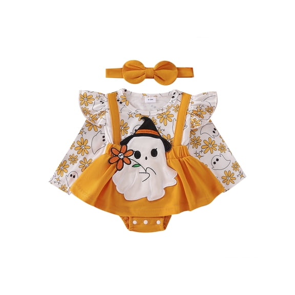 Baby Girl Cute Holiday Clothes Long Sleeve Santa Claus/Ghost/Turkey Ruffle Romper Dress Headband Set Fall Winter Outfits