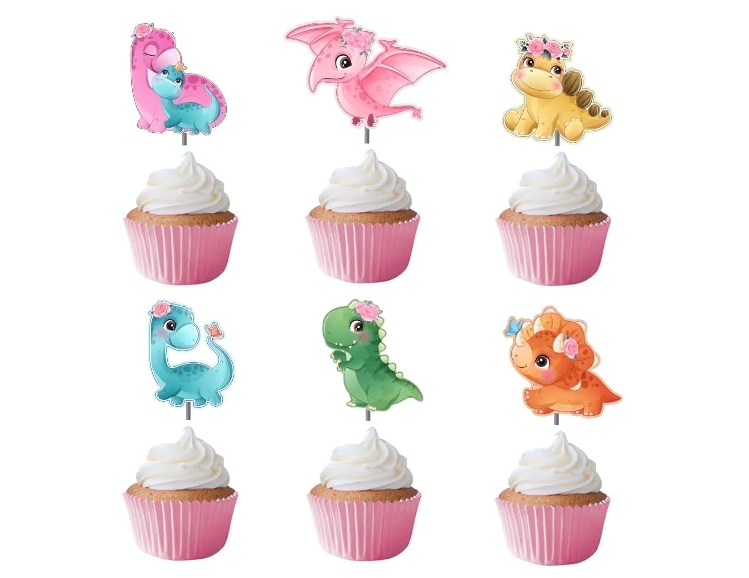 Baby Girl Dino Cupcake Toppers 12 pcs, Pink Dinosaur Cake Picks Birthday Decoration, T-Rex Party Supplies, Cute Themed Baby Shower