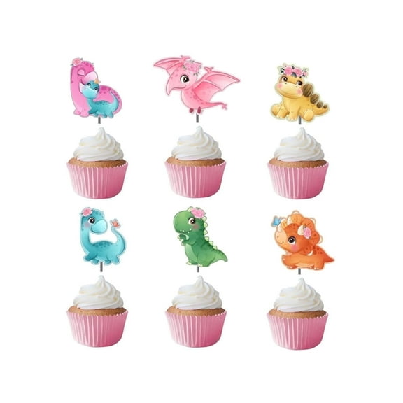 Baby Girl Dino Cupcake Toppers 12 Pcs, Pink Dinosaur Cake Picks Birthday Decoration, T-Rex Party Supplies, Cute Themed Baby Shower