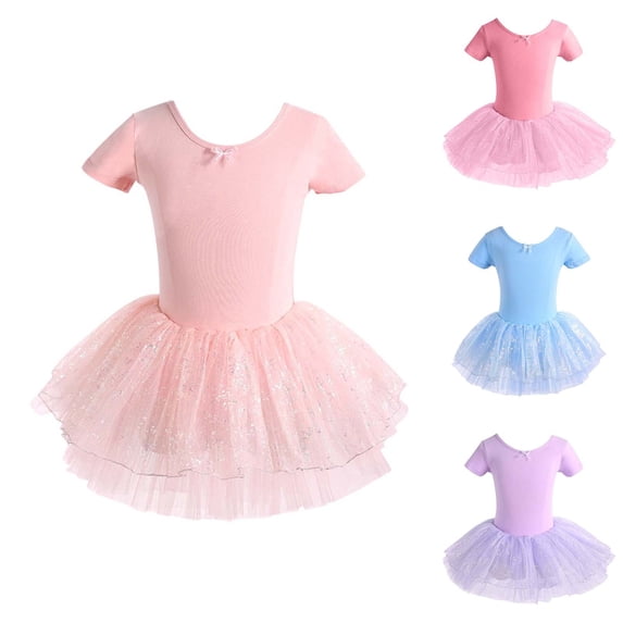 Baby Girl Dress Ballerina Jazz Bodysuit Stretchy Short Sleeve Solid Performance Skirted Leotard Baby Girl Clothes Blue 1-2Years