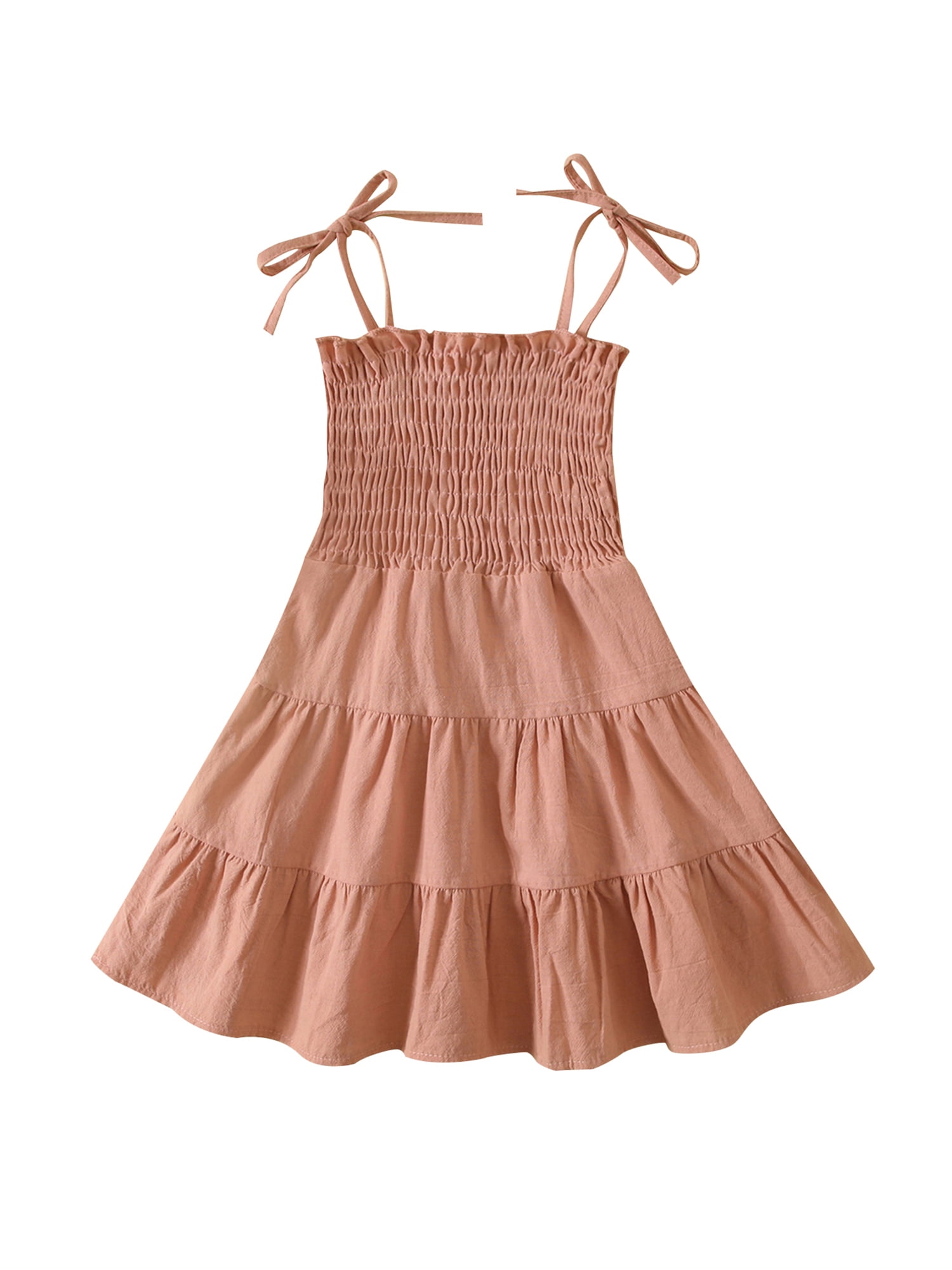 Baby Girl Dress Cotton Linen Pleated Elastic Tie Up Shoulder