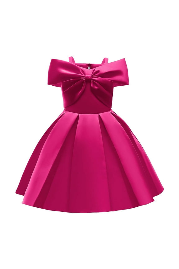 Baby Girl Dress Elegant Off Shoulder A Line Bowknot Casual Party Solid Dress Girl Dresses Hot Pink 2-3Years