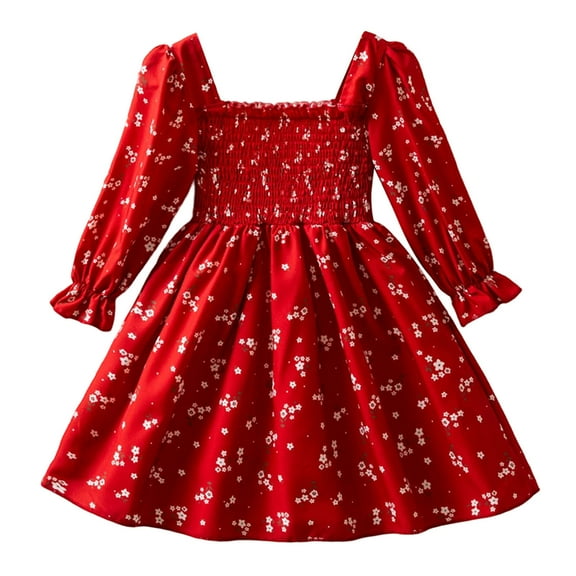 Baby Girl Dress Fall Kids Toddler Girls Square Neck Floral Long Sleeve Puff Sleeves Elegant Party Dress Soft Breathable Dress for Girls Red 1 Years-2 Years