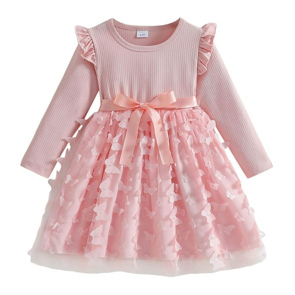 Baby Girl Dress Floral Outfits Toddler Children Long Sleeve Bowknot Print Clothes Dresses Casual Little Girl Dress for 7-8 Years