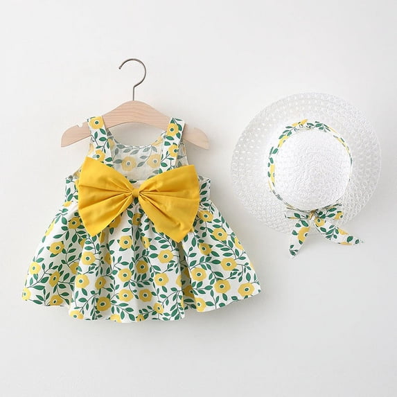 Baby Girl Dress Girls Beach Princess Dresses Cute Bow Flowers Sleeveless Cotton Summer Toddler Dresses+Sunhat Newborn Clothing