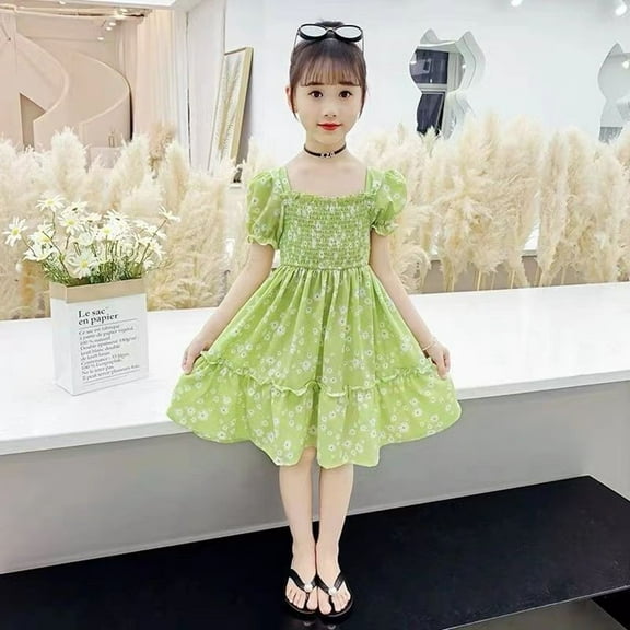 Baby Girl Dress Kids Toddler Girls Summer Solid Flower Prints Fashion Square Neck Short Sleeve Dress Girls Dresses Green 5 Years-6 Years