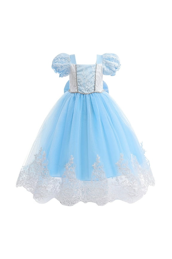 Baby Girl Dress Party Dress Bubble Sleeve Bow Lace Patchwork Mesh Poplin Princess Dress Performance Summer Dress,Size 5 Years-6 Years