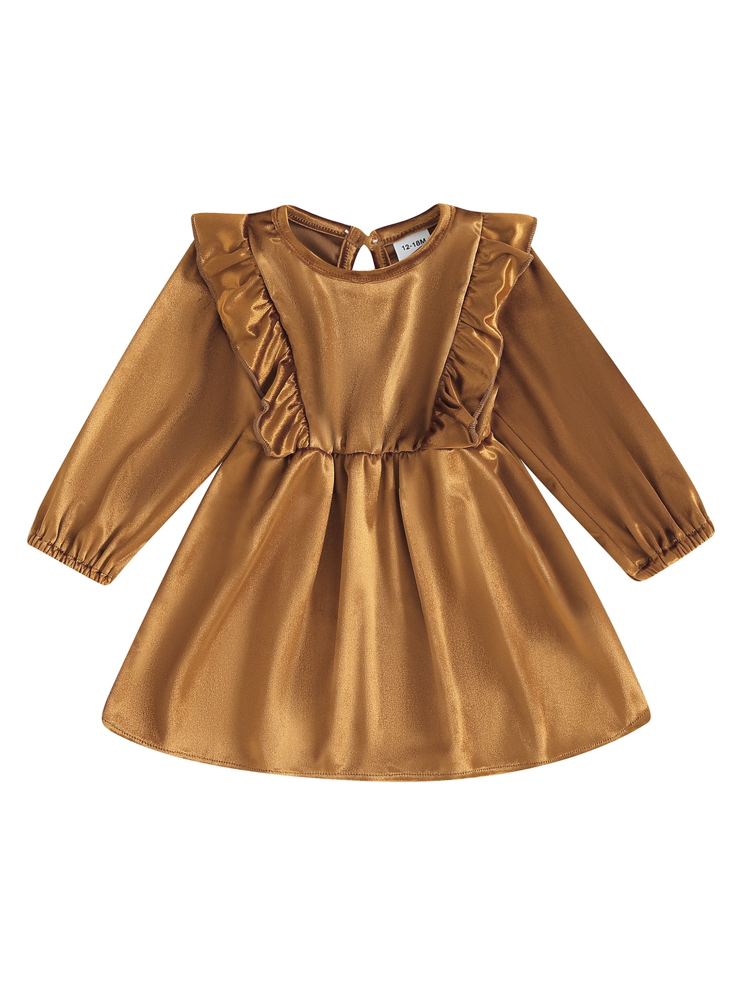 Baby Girl Dress Ruffle Long Sleeve Round Neck Toddler Velvet Dress