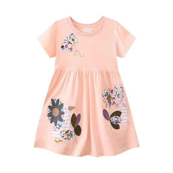 Baby Girl Dress Short Sleeve Dress Butterfly And Floral Cartoon Appliques A Line Flared Skater Dress Cotton Dress Outfit Kids Sundress,Size 2 Years-3 Years