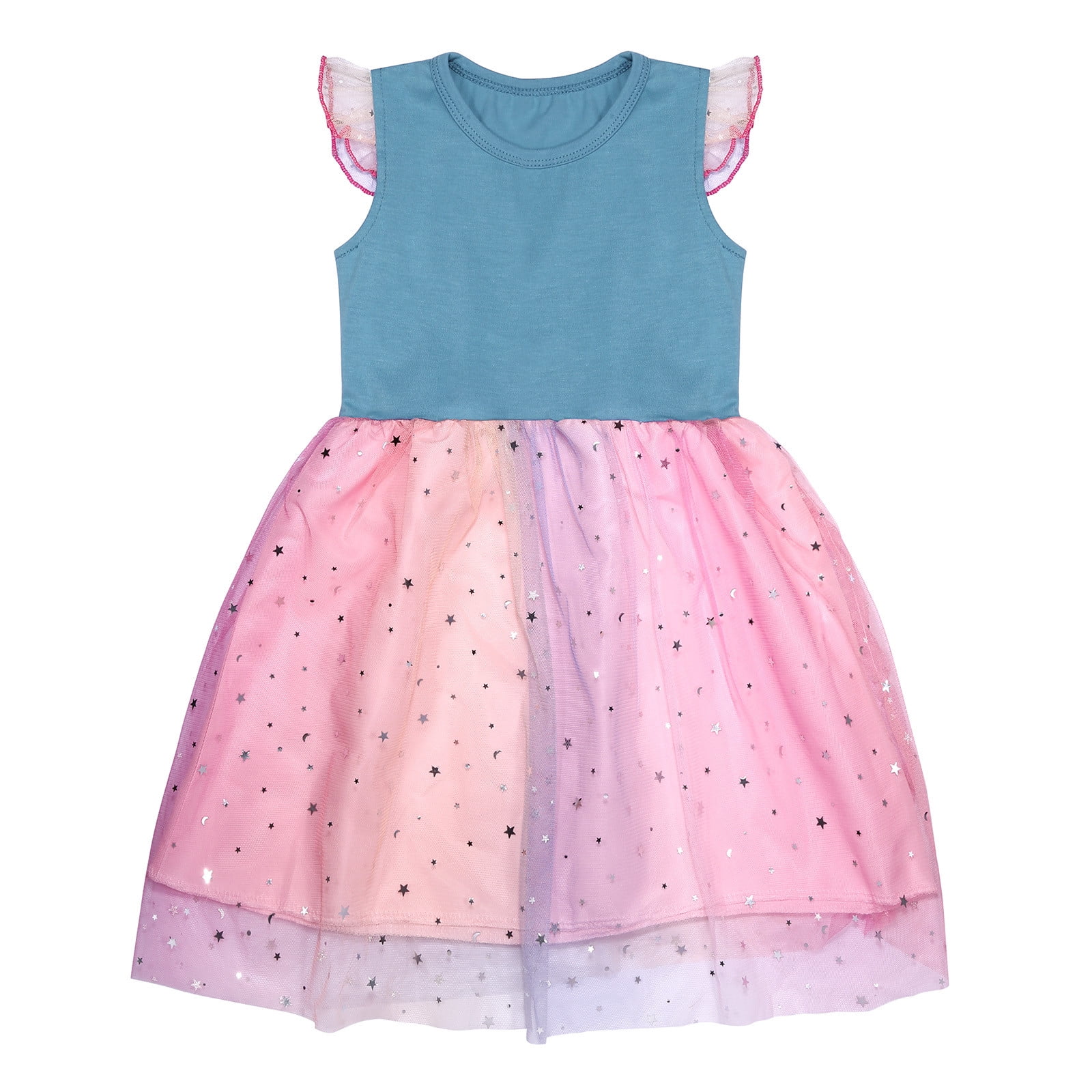 Baby Girl Dress Short Sleeve Rainbow Tulle Dress Birthday Party Princess Dresses Tutu Skirt Flower Girl Dress,Size 6 Years-7 Years
