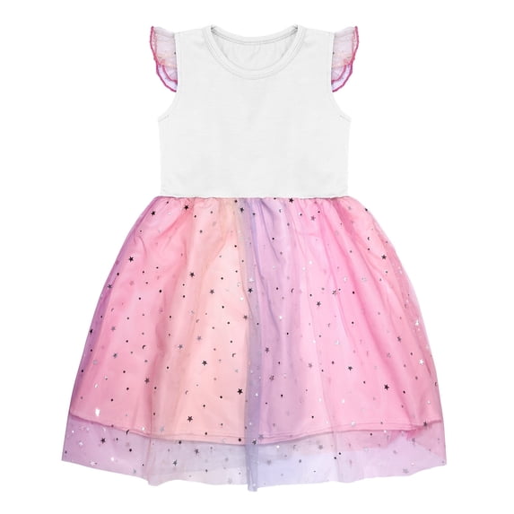 Baby Girl Dress Short Sleeve Rainbow Tulle Dress Birthday Party Princess Dresses Tutu Skirt Kids Sundress,Size 6 Years-7 Years