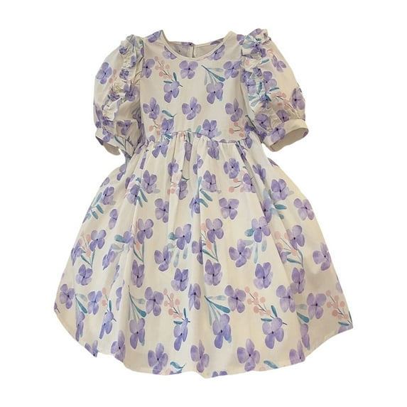 Baby Girl Dress Summer Ruffle Short Sleeve Round Neck Purple Floral Pattern Dress Daily Wear School Travel Vacation Flower Girl Dress,Size 5Y