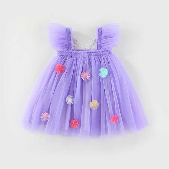 Baby Girl Dress Summer Toddler Baby Girls Flutter Sleeve Mesh Dress Holiday Dance Party Princess Dresses Girls Dress Purple 12 Months-18 Months