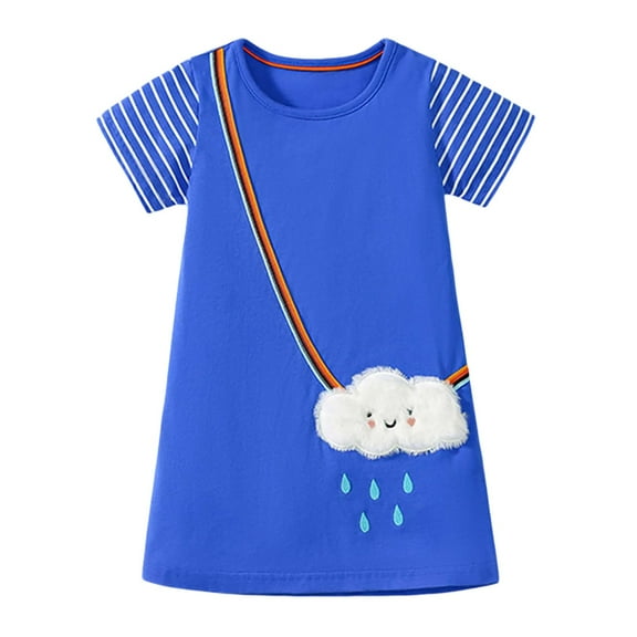 Baby Girl Dress Toddler Baby Girls Summer Cotton Rainbow Print Dress Breathable Soft Short Sleeve Dresses Baby Dress Blue 5 Years-6 Years