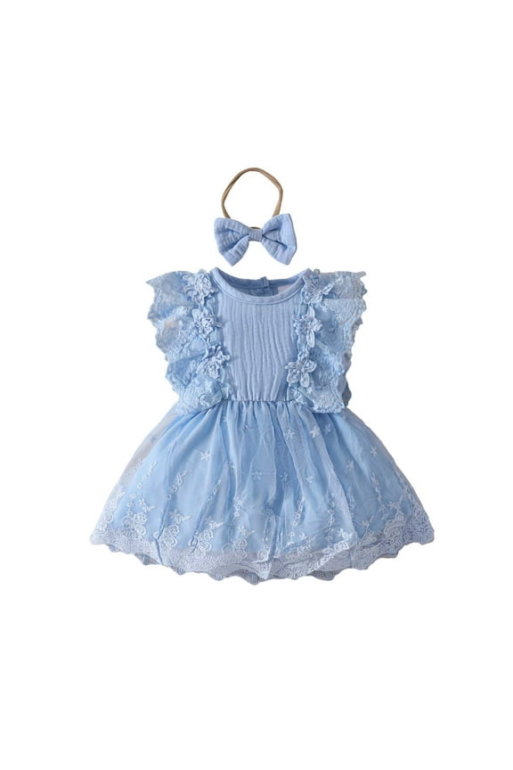 Baby Girl Dress Toddler Baby Girls Summer Flutter Sleeve Holiday Party Mesh Princess Dress with Hairband Dresses for Girls Blue 3 Months-6 Months