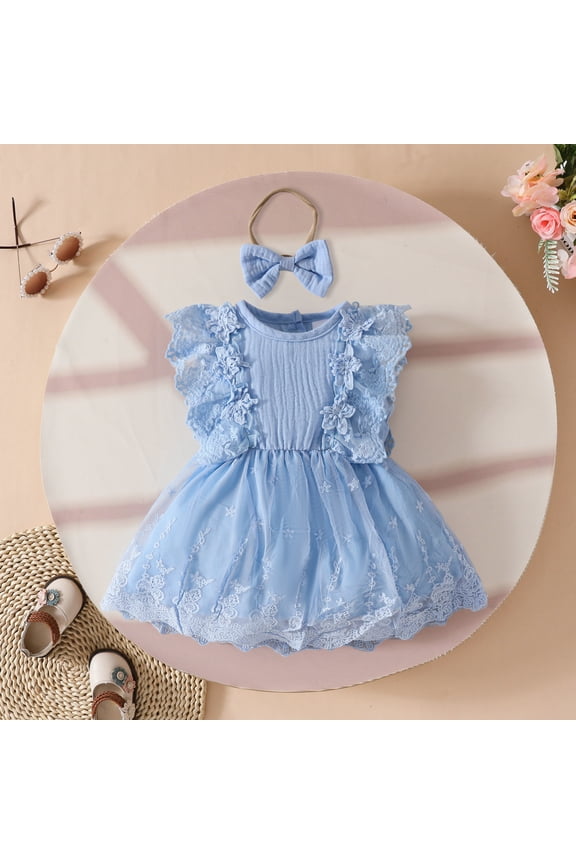 Baby Girl Dress Toddler Baby Girls Summer Flutter Sleeve Holiday Party Mesh Princess Dress with Hairband Little Girl Dresses Blue 3 Months-6 Months