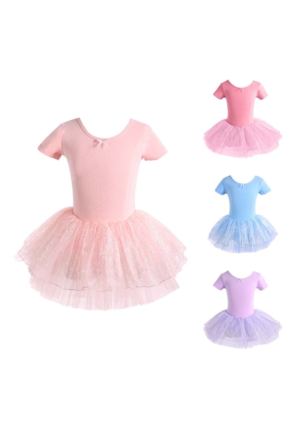Baby Girl Dresses Ballerina Jazz Bodysuit Stretchy Short Sleeve Solid Performance Skirted Leotard Baby Girl Clothes Purple 11-12Years
