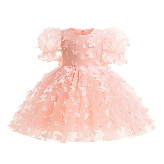 Baby Girl Dresses Cute Child Puff Sleeve Tulle Dress Butterfly Pattern Bow Knot Princess Dress Gown Dress Girls Summer Dress Pink 6-12 Months