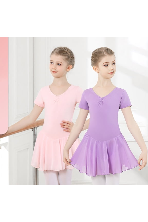Baby Girl Dresses Elegant Ballerina Bodysuit Solid Short Sleeve Dancewear Translucent Tutu Skirted Leotard Baby Girl Clothes Purple-Short Sleeve 8-9Years