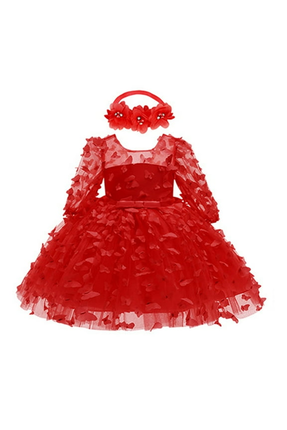 Baby Girl Dresses Long Sleeve Flower Prints Birthday Princess Wedding Clothes Headbands Toddler Girls ,Size 18 Months-24 Months