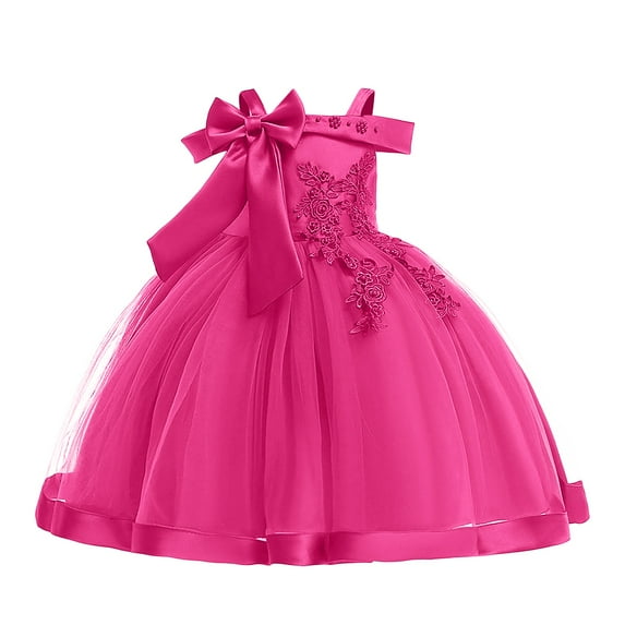 Baby Girl Dresses Off Shoulder Bow Evening Gown Princess Pageant Dress Birthday Stage Performances Dress Hot Pink 4 Years-5 Years