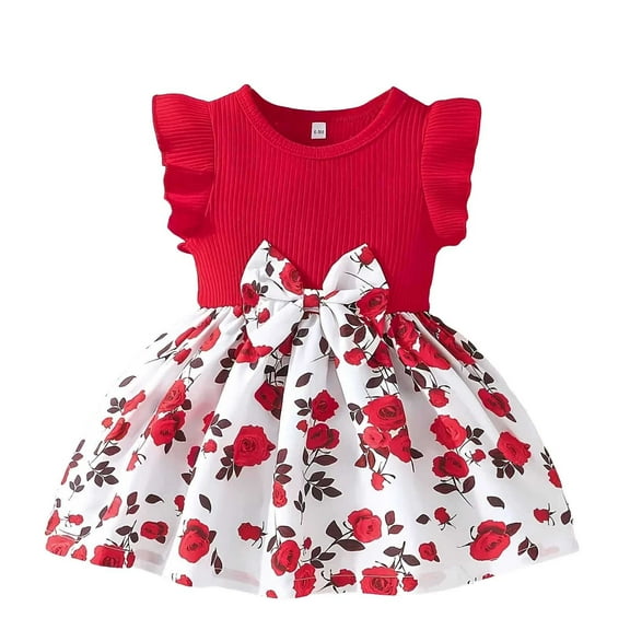 Baby Girl Dresses Summer Casual Sundress Flutter Sleeve With Bow Patchwork Rose Print | Princess Style Cute Dresses For Girls Red Size 9-12 Months