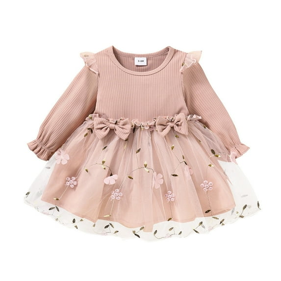 Baby Girl Dresses Summer Casual Sundress Long Ruffled Sleeve Ribbed Bowknot Tulle Princess Outfits Cute Dresses For Girls Red Size 9-12 Months