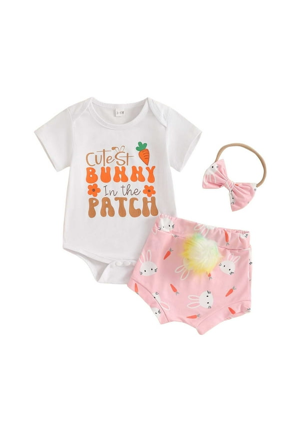 Baby Girl Easter 3 Piece Set Short Sleeve Romper Shorts Headband Letter Print White 3 Months-6 Months