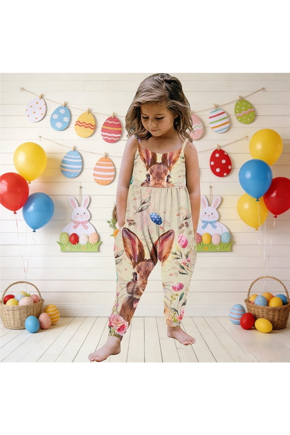 Baby Girl Easter Backless Halter Jumpsuit Toddler Girls Strap Slouch Romper Jumpsuit Harem Pants with Pockets for 1-8Years Beige A 2-3 Years