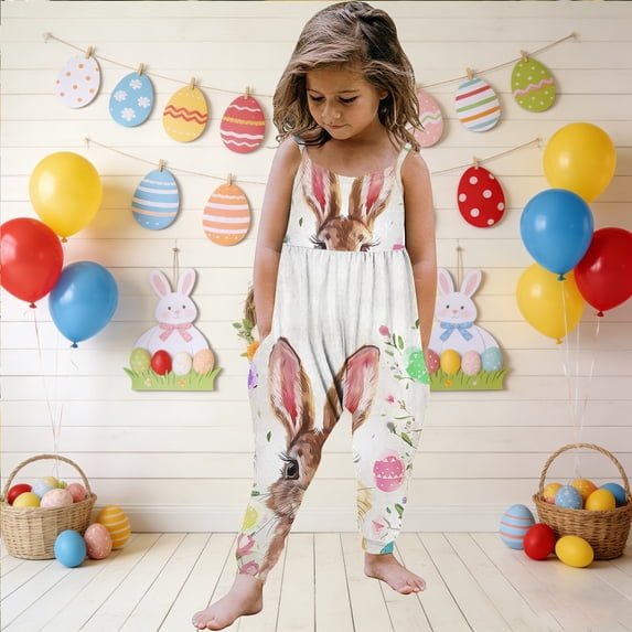 Baby Girl Easter Backless Halter Jumpsuit Toddler Girls Strap Slouch Romper Jumpsuit Harem Pants with Pockets for 1-8Years Beige B 5-6 Years