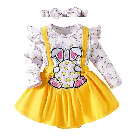Baby Girl Easter Dresses 6-9 Months Cute Bunny Tutu Dress Long Sleeve Ruffle Bowknot Skirt Outfits Spring Birthday Easter Rabbit Clothes Yellow 3-6 Months