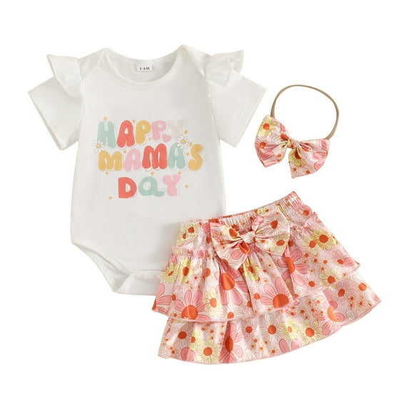 Baby Girl Easter Outfit 6-9 M Short Sleeve Letter Print Ruffled Romper Skirt Set Cute Newborn Baby Girl With Headband 3Pcs Outfit White,0-3M