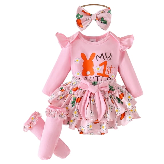 Baby Girl Easter Outfit Bunny Clothes Romper+Bloomers Tutu Skirt+Socks+Headband Set First Easter Outfit