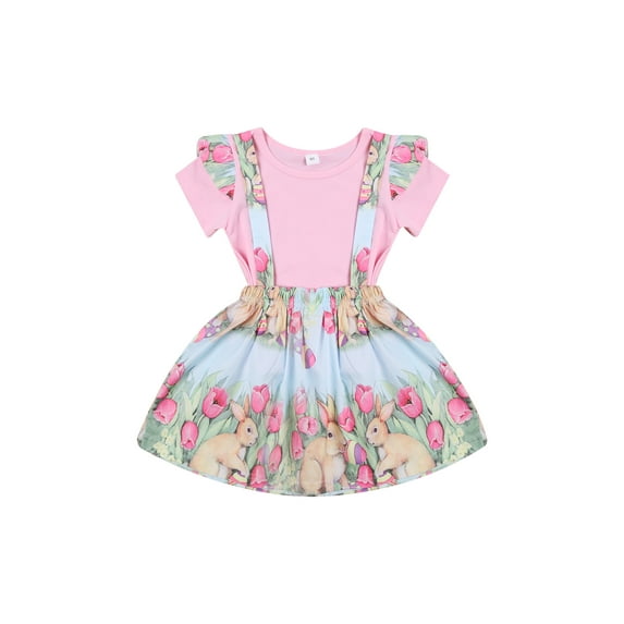 Baby Girl Easter Outfit Bunny Ruffle Short Sleeve Shirt one-piece Suspender Skirt Overall Dress Newborn Easter Clothes Headband