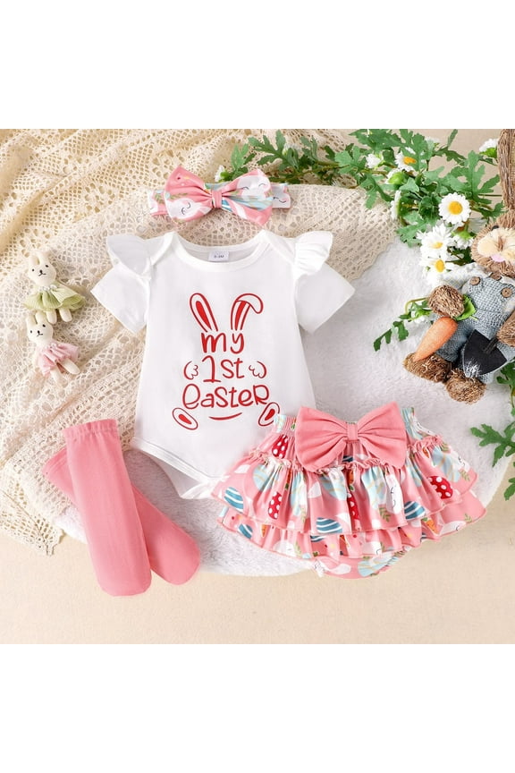 Baby Girl Easter Outfit Ruffle Romper Bunny/Easter Eggs Print Skirt Set Overall Dress Summer Clothes for Baby Little Kids 6-12 Months