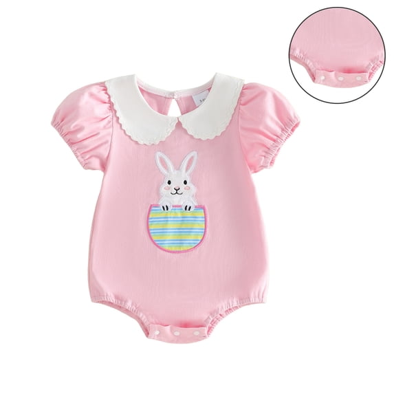 Baby Girl Easter Outfit Short Sleeve Bunny Embroidered Bodysuit Romper Summer Clothes 0-3 Months Old Girl Clothes