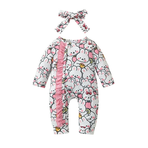 Baby Girl Easter Outfit Toddler Girls Easter Long Sleeve Cartoon Rabbit Prints Ruffles Romper Jumpsuit My First Easter Red 9 Months-12 Months