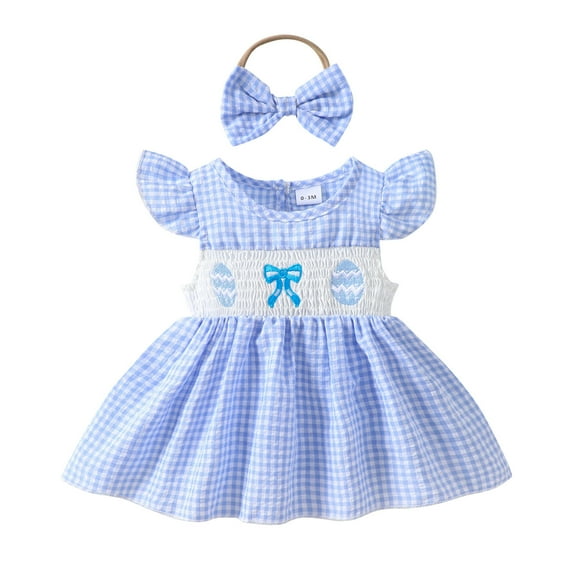 Baby Girl Easter Romper Dress My First Fly Sleeve Smocked Short Sleeve Crew Neck Summer Soft Light Blue 6 Months-12 Months