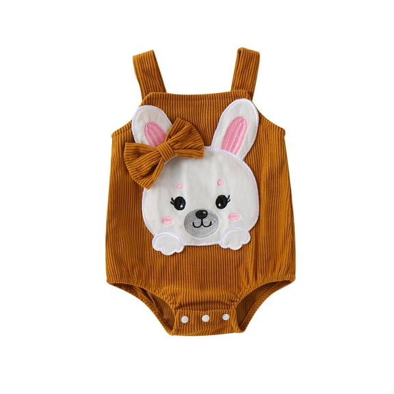 Baby Girl Easter Tank Romper Cute Sleeveless Square Neck 3D Bow Rabbit Patch Ribbed Jumpsuit Infant Toddler Overalls