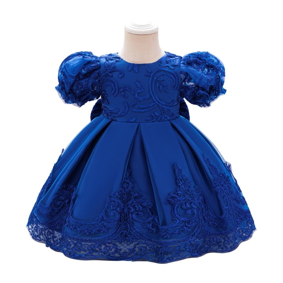 Baby Girl Elegant Lace Dress Toddler Princess Party Gown with Puff Sleeves Embroidered Detailing for Infant Birthday and Formal Events
