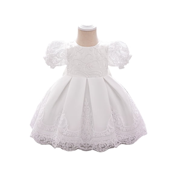 Baby Girl Elegant Lace Dress Toddler Princess Party Gown with Puff Sleeves Embroidered Detailing for Infant Birthday and Formal Events